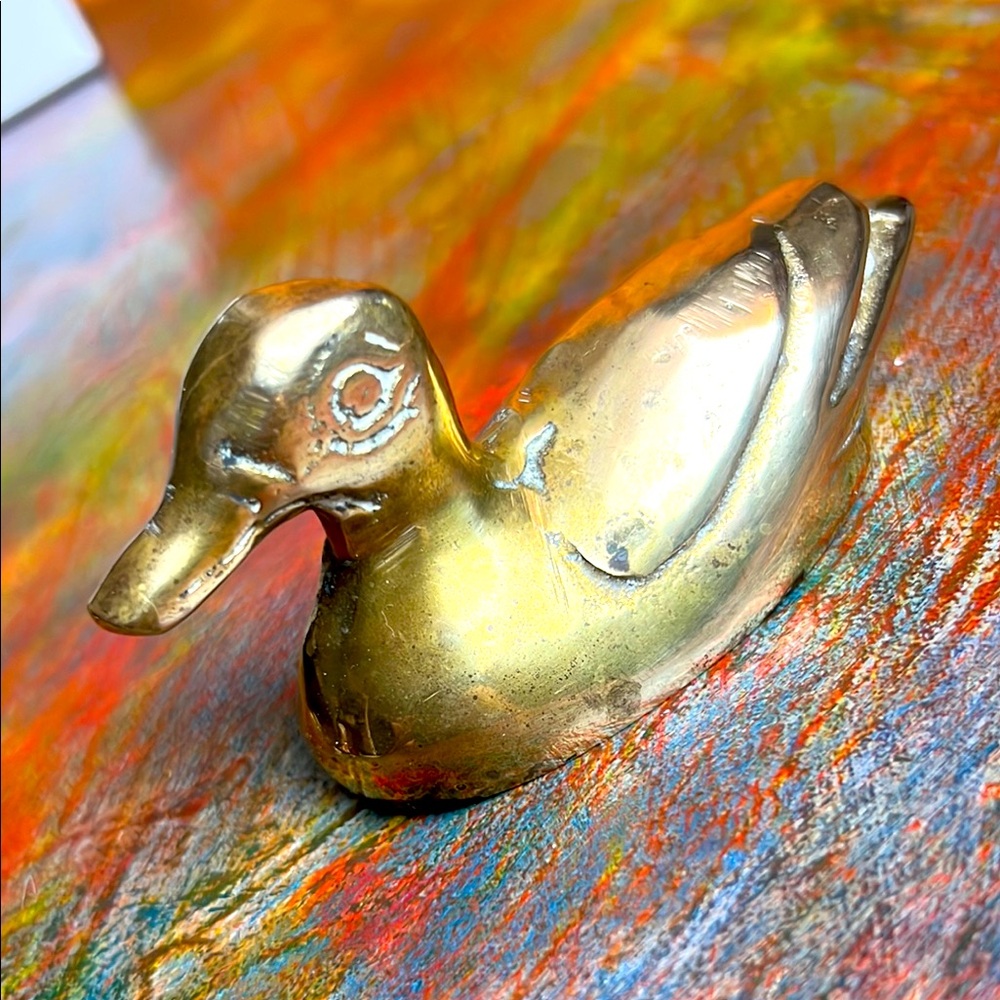 Vintage Brass Duck Figurine Decor 4" long Hollow inside Heavy